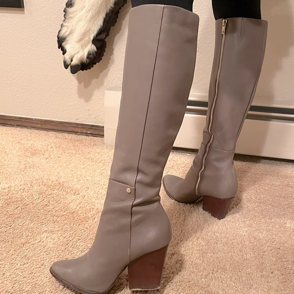 Knee high grey leather 3 inch heel boots by Calvin Klein